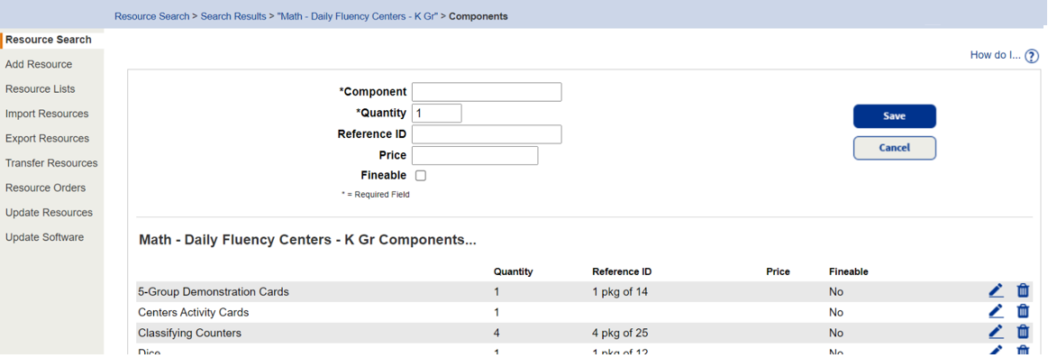 Resource components for a math kit.